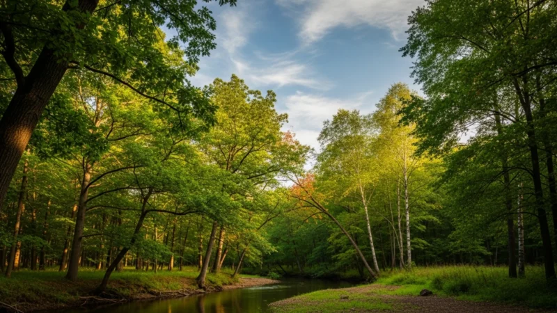 A serene forest scene with green trees and a calm river under a partly cloudy sky.
