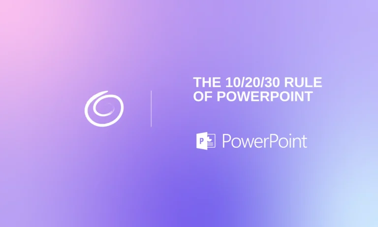 Gradient purple background with white text "The 10/20/30 Rule of PowerPoint" and PowerPoint logo.