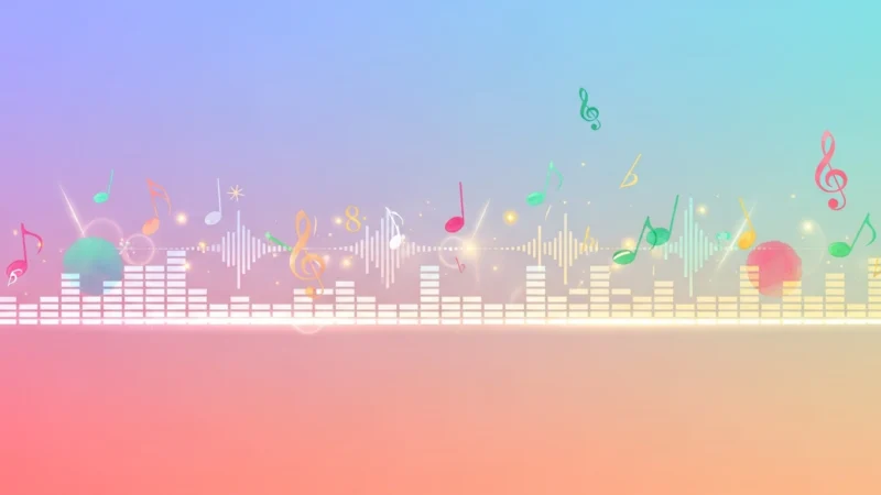Colorful digital music notes and equalizer bars on a pastel gradient background.