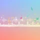 Colorful digital music notes and equalizer bars on a pastel gradient background.
