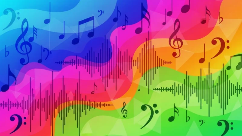 Abstract colorful background with musical notes, treble and bass clefs, and soundwave patterns.