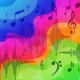 Abstract colorful background with musical notes, treble and bass clefs, and soundwave patterns.