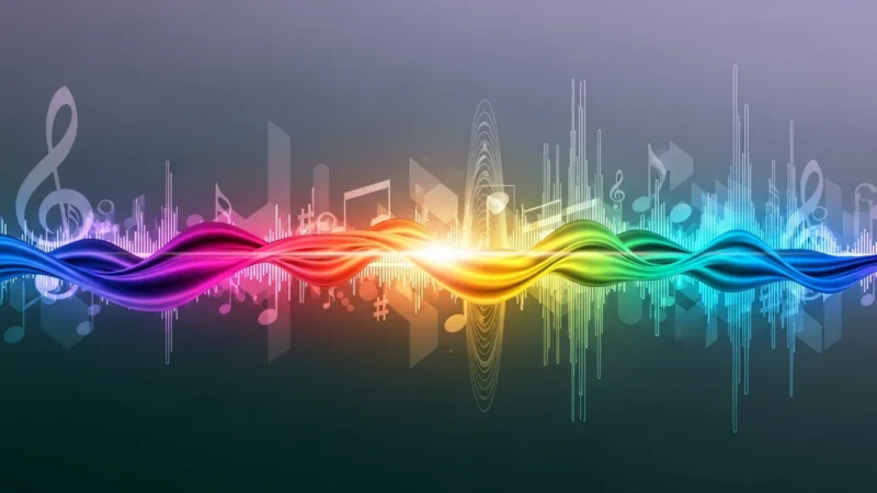 Colorful flowing sound wave with musical notes and abstract equalizer graphics on dark background.