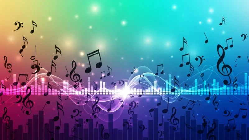 Colorful abstract background with musical notes, sound waves, and equalizer bars.