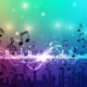 Colorful abstract background with musical notes, sound waves, and equalizer bars.