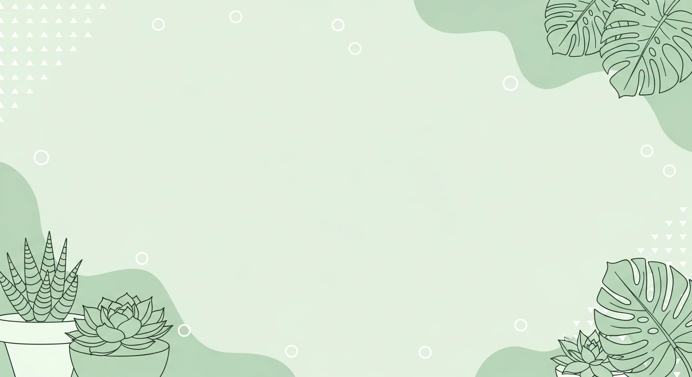 Minimalist green background with outlined succulent plants and monstera leaves.