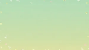 Pastel green and yellow gradient background with white, pink, and yellow floral and geometric border designs.
