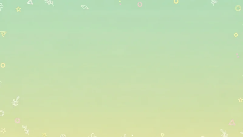 Pastel green and yellow gradient background with white, pink, and yellow floral and geometric border designs.