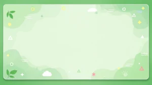 Light green rectangular frame with abstract shapes, leaves, and clouds on a darker green background.