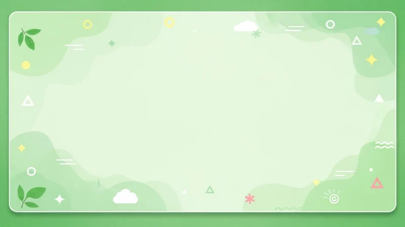 Light green rectangular frame with abstract shapes, leaves, and clouds on a darker green background.