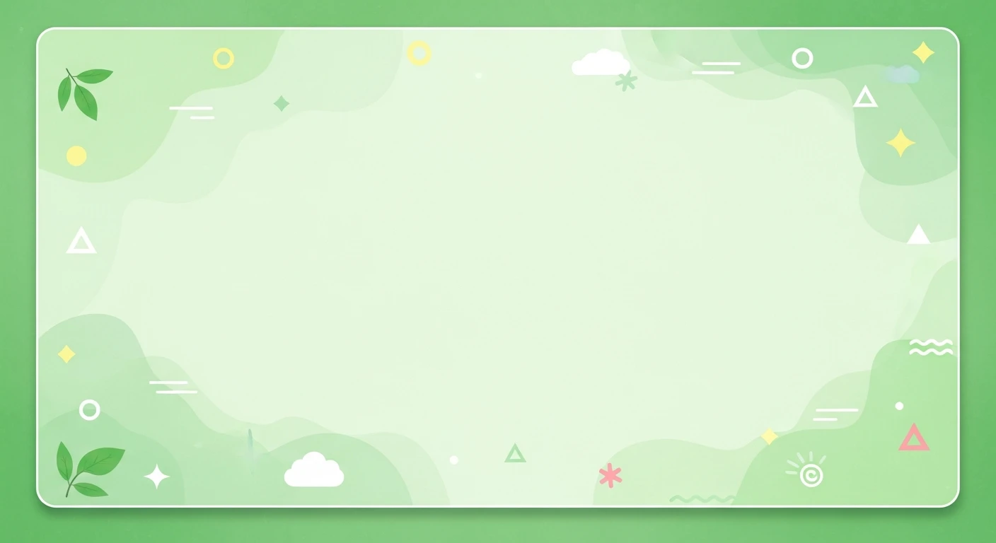 Light green rectangular frame with abstract shapes, leaves, and clouds on a darker green background.