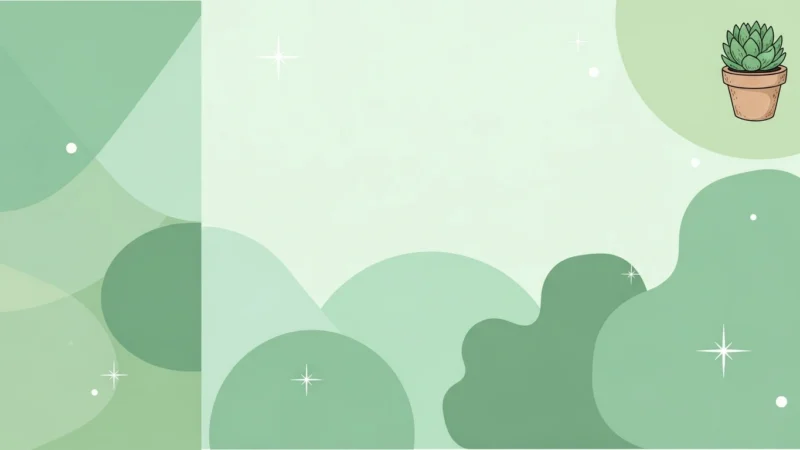 Abstract green background with rounded shapes, white stars, and a potted succulent plant illustration.