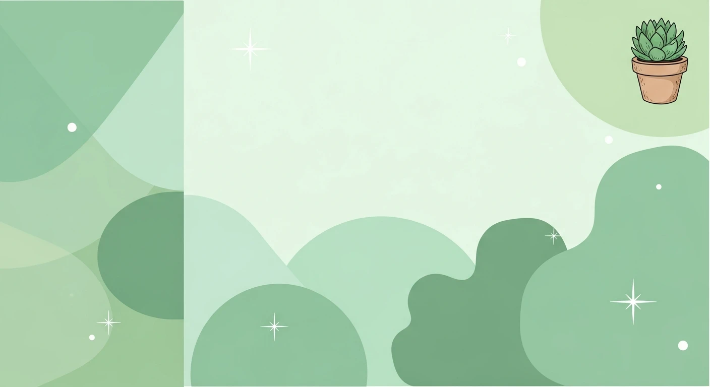 Abstract green background with rounded shapes, white stars, and a potted succulent plant illustration.
