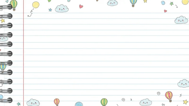lindo cuaderno de fondo para powerpoint 1.377Z Lined notebook paper with spiral binding and colorful doodles of clouds, hot air balloons, stars, hearts, and stars.