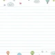 Lined notebook paper with spiral binding and colorful doodles of clouds, hot air balloons, stars, hearts, and stars.