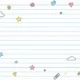Lined notebook paper with colorful doodles of stars, hearts, clouds, flowers, a lightbulb, pencil, and paperclip.