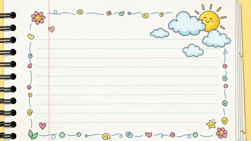 lindo cuaderno de fondo para powerpoint.615Z Notebook page with colorful doodles of sun, clouds, flowers, hearts, and swirls around lined paper.