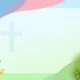 Illustration with a white dove, colorful spring flowers, a faint cross, and a decorated Easter egg on grass.