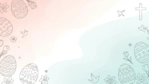 Pastel background with outlined Easter eggs, flowers, birds, and a Christian cross.