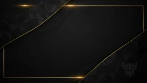 Black geometric background with gold diagonal lines and a thin gold rectangular border.