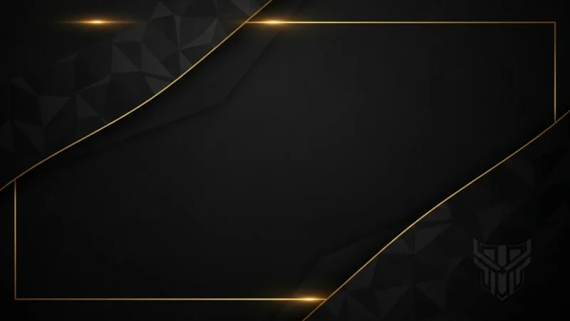 Black geometric background with gold diagonal lines and a thin gold rectangular border.