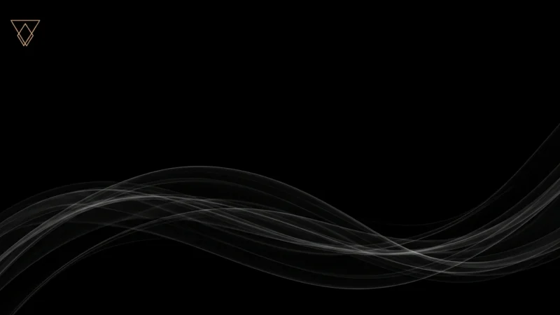 Abstract black background with flowing translucent gray wave patterns and a gold geometric logo in the top left corner.