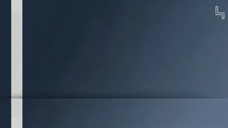 Abstract minimalist artwork featuring dark blue and gray horizontal and vertical layers with a white geometric symbol in the top right corner.