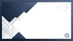 Abstract blue and white geometric background with interconnected lines and a circular logo in the bottom right corner.