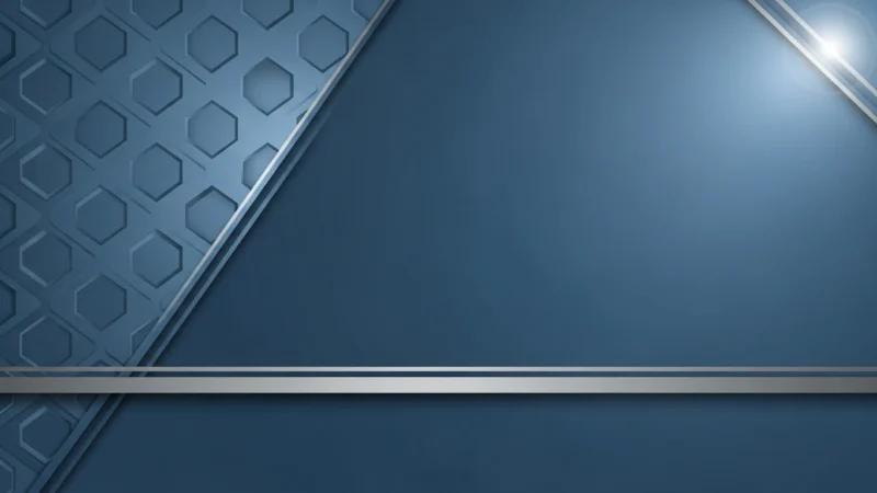 Abstract blue geometric background with metallic silver diagonal lines and patterns.