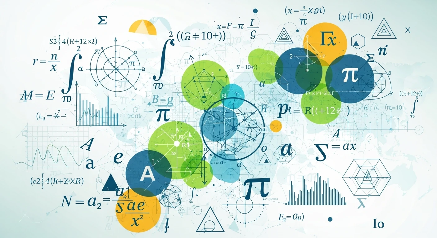 Abstract mathematical and geometric formulas with colorful blue, green, and orange circles.