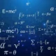 Blue background with various white mathematical and physics formulas and symbols floating.