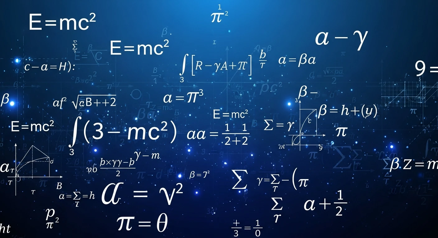 Blue background with various white mathematical and physics formulas and symbols floating.