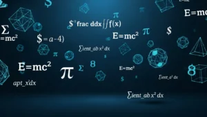 Blue and white mathematical formulas and geometric wireframe shapes on dark background.