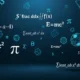 Blue and white mathematical formulas and geometric wireframe shapes on dark background.