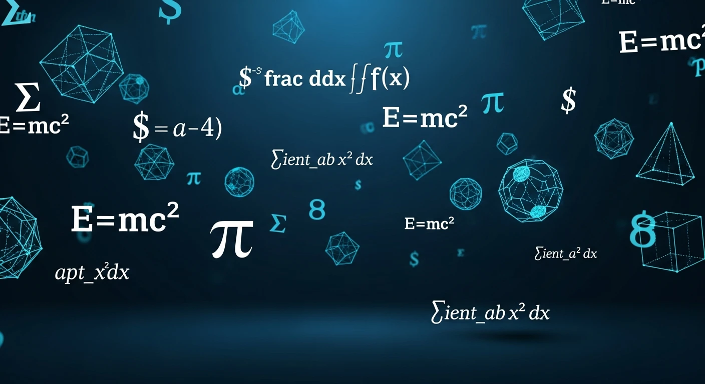 Blue and white mathematical formulas and geometric wireframe shapes on dark background.