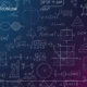 Abstract blue and purple gradient background with white mathematical equations, geometric shapes, and diagrams.