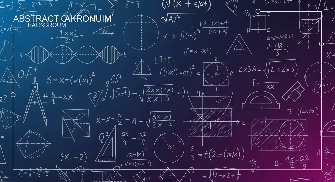 Abstract blue and purple gradient background with white mathematical equations, geometric shapes, and diagrams.
