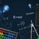 Dark blue background with mathematical formulas, glowing light bulbs, abacus, and geometric tools.