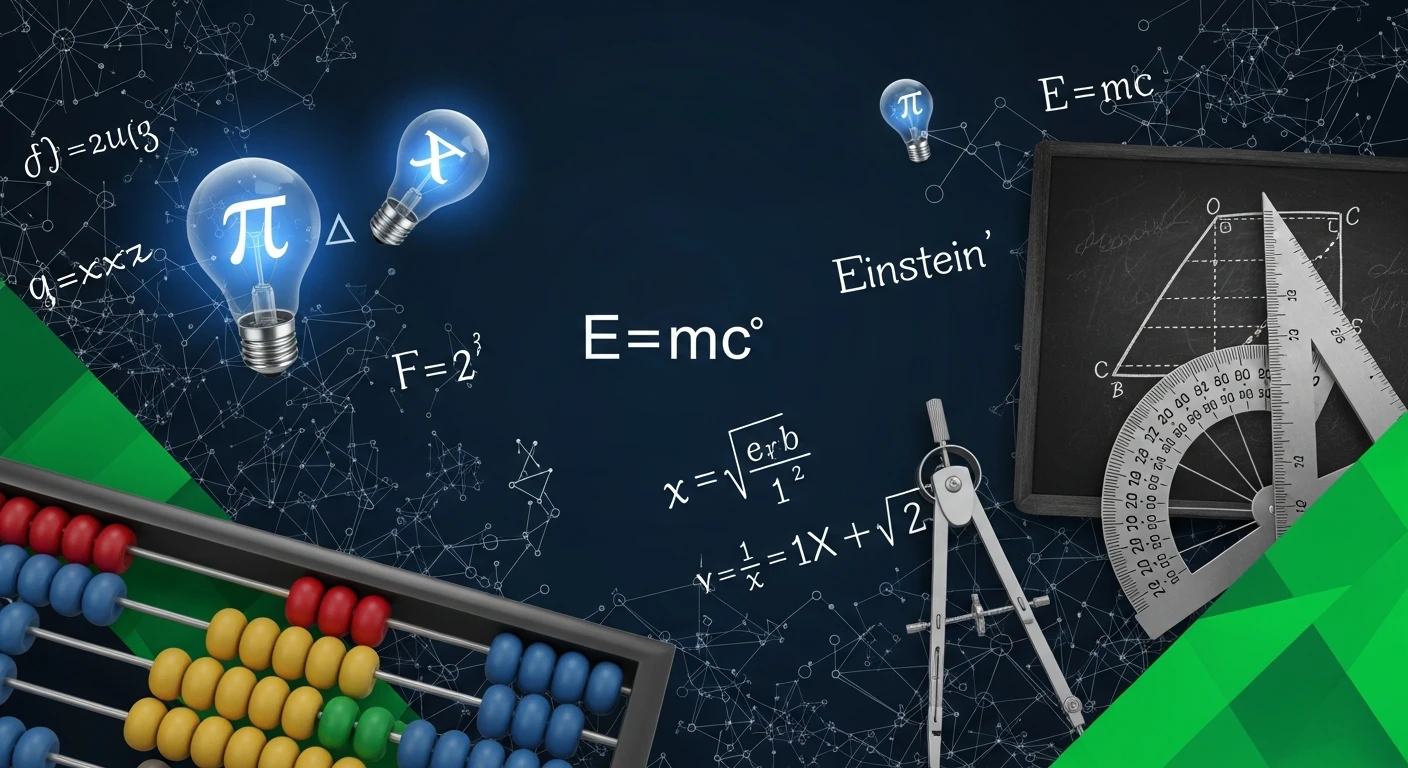 Dark blue background with mathematical formulas, glowing light bulbs, abacus, and geometric tools.