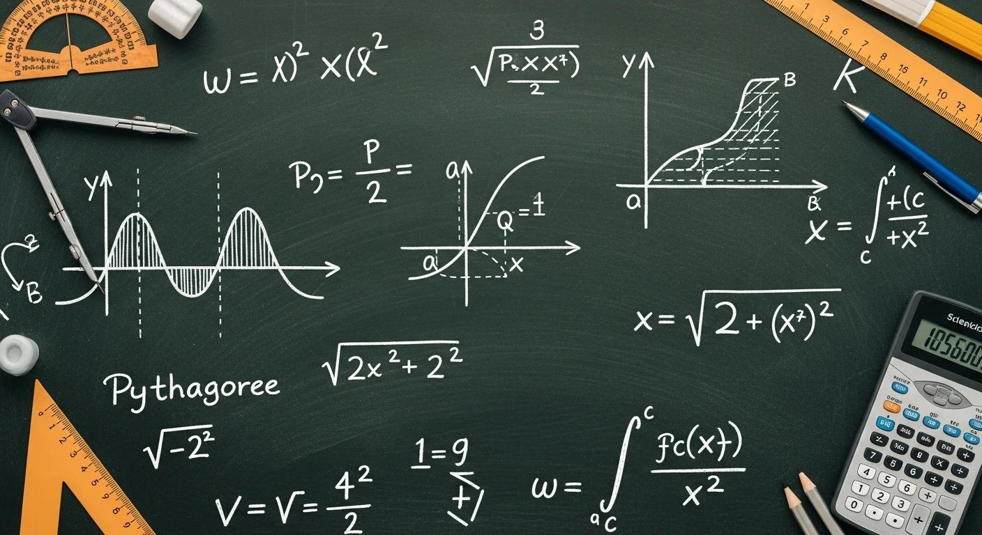 Chalkboard with mathematical equations, graphs, and geometric tools including compass, protractor, ruler, pencils, and calculator.
