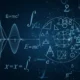 Abstract blue digital background with mathematical equations, graphs, and geometric symbols.