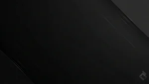Abstract dark gray and black geometric background with subtle diagonal lines and a small logo in the bottom right corner.