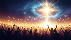 Silhouetted crowd with raised hands worshipping a bright, glowing cross in a cosmic sky.