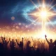 Silhouetted crowd with raised hands worshipping a bright, glowing cross in a cosmic sky.