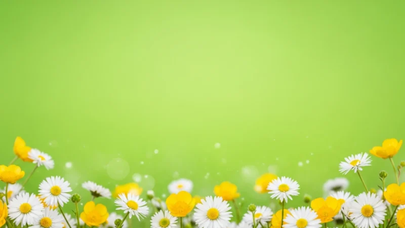 spring powerpoint background 1.595Z Yellow buttercup and white daisy flowers against a soft green blurred background.