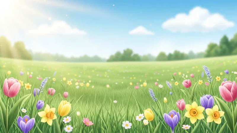 spring powerpoint background 2.812Z Sunlit spring meadow with colorful tulips, daffodils, crocuses, and various wildflowers under a blue sky.