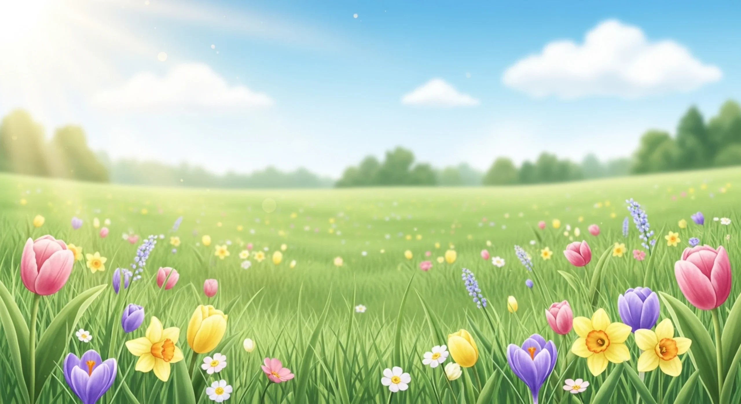 Sunlit spring meadow with colorful tulips, daffodils, crocuses, and various wildflowers under a blue sky.