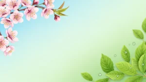 Illustration of pink cherry blossoms on top left and green leaves with water droplets on bottom right.