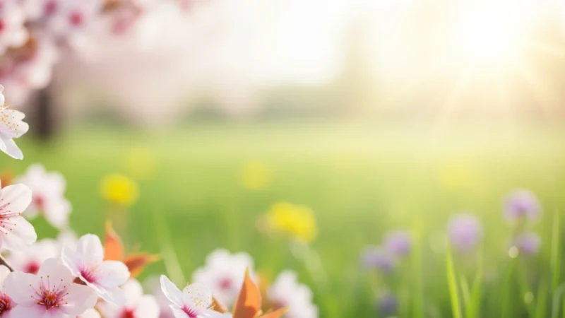 spring powerpoint background.721Z Close-up of pink and white cherry blossoms with a sunlit green meadow background.
