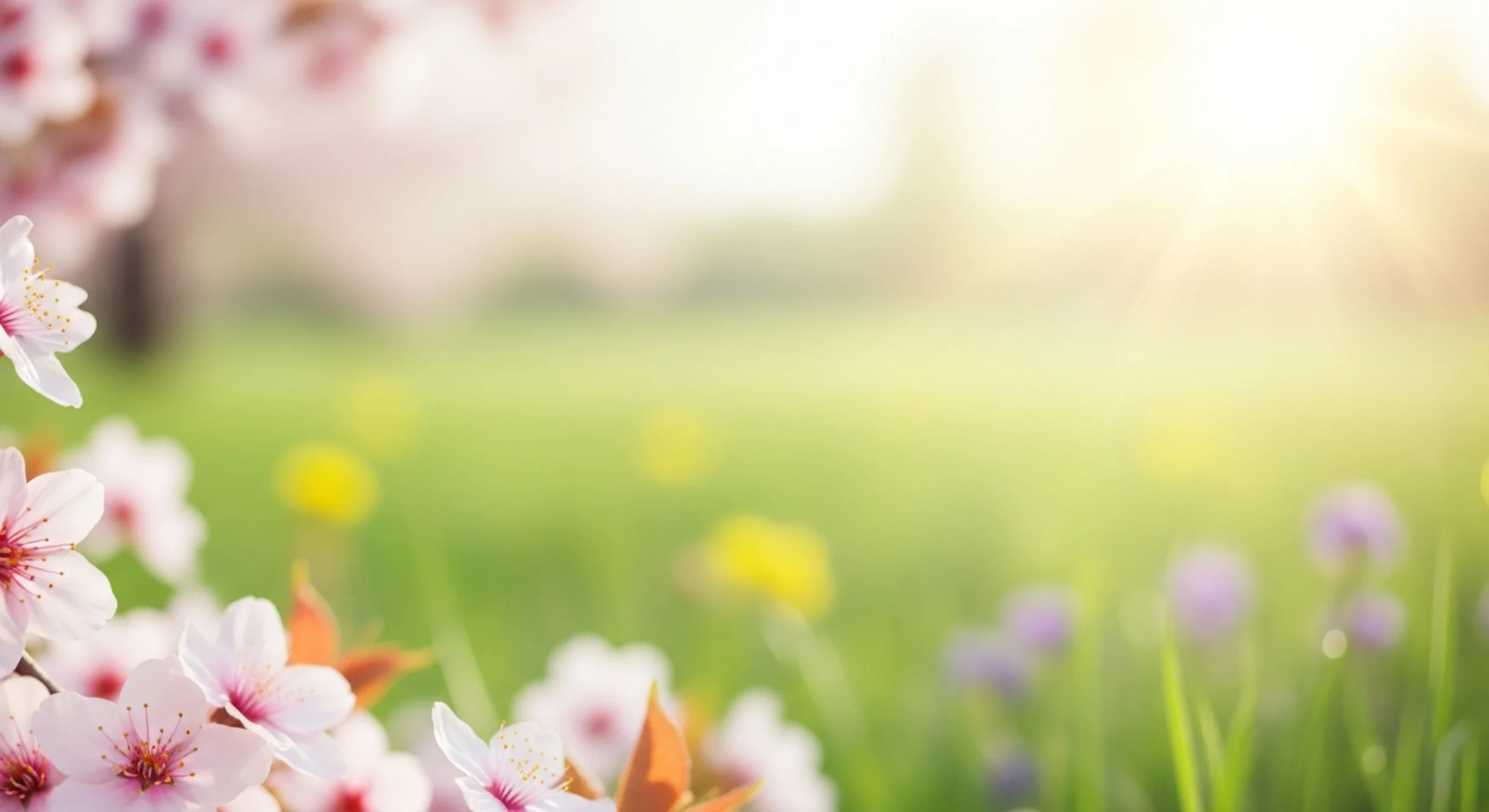 Close-up of pink and white cherry blossoms with a sunlit green meadow background.